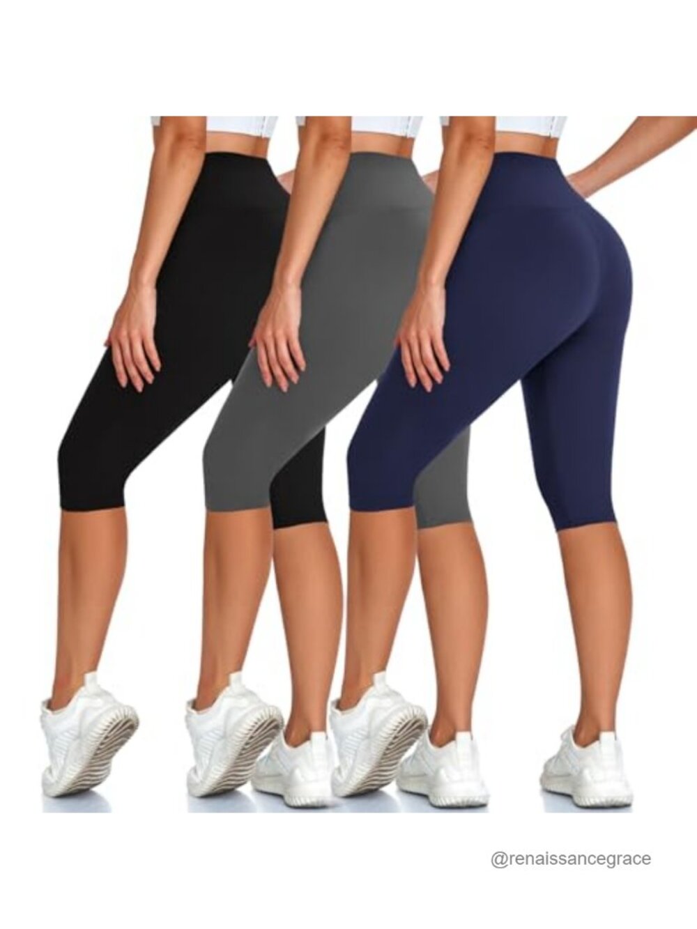 High Waisted Knee Length Capri Leggings 3 Pack Tummy Control Soft Stretchy